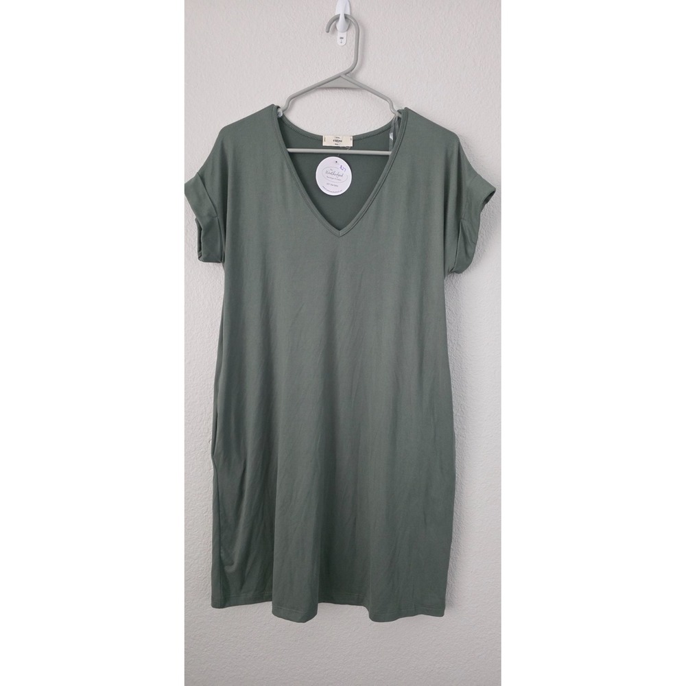 Entro V-Neck T-Shirt Dress Women's Small Olive Green Cuffed Sleeve‎ Stretch NWT